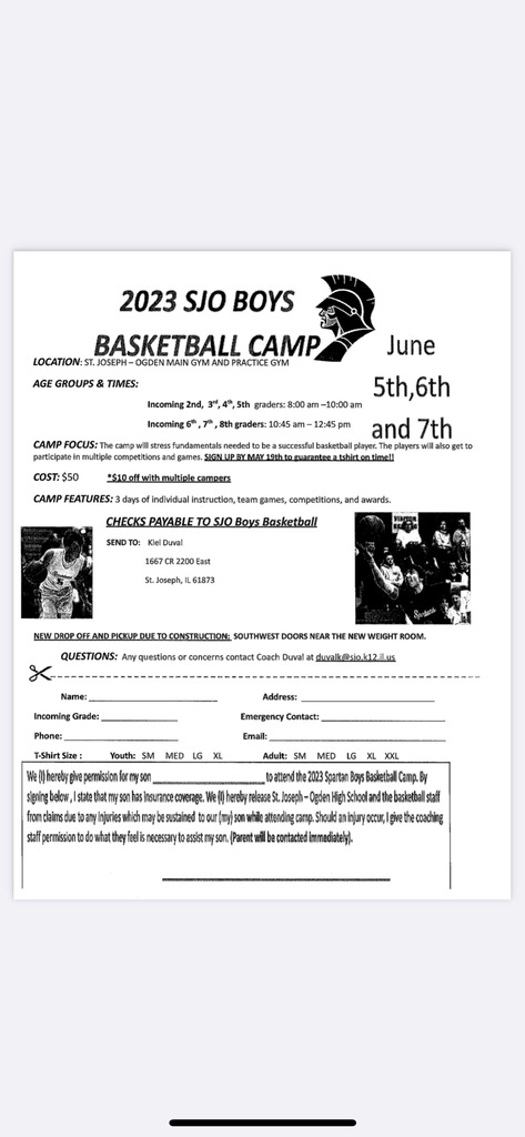 Here is all of the information for the 2023 SJO Boys Basketball camp. Please see attached. If you have any questions, please email Coach Duval at duvalk@sjo.k12.il.us. The deadline is Friday, May 19th to sign-up. 